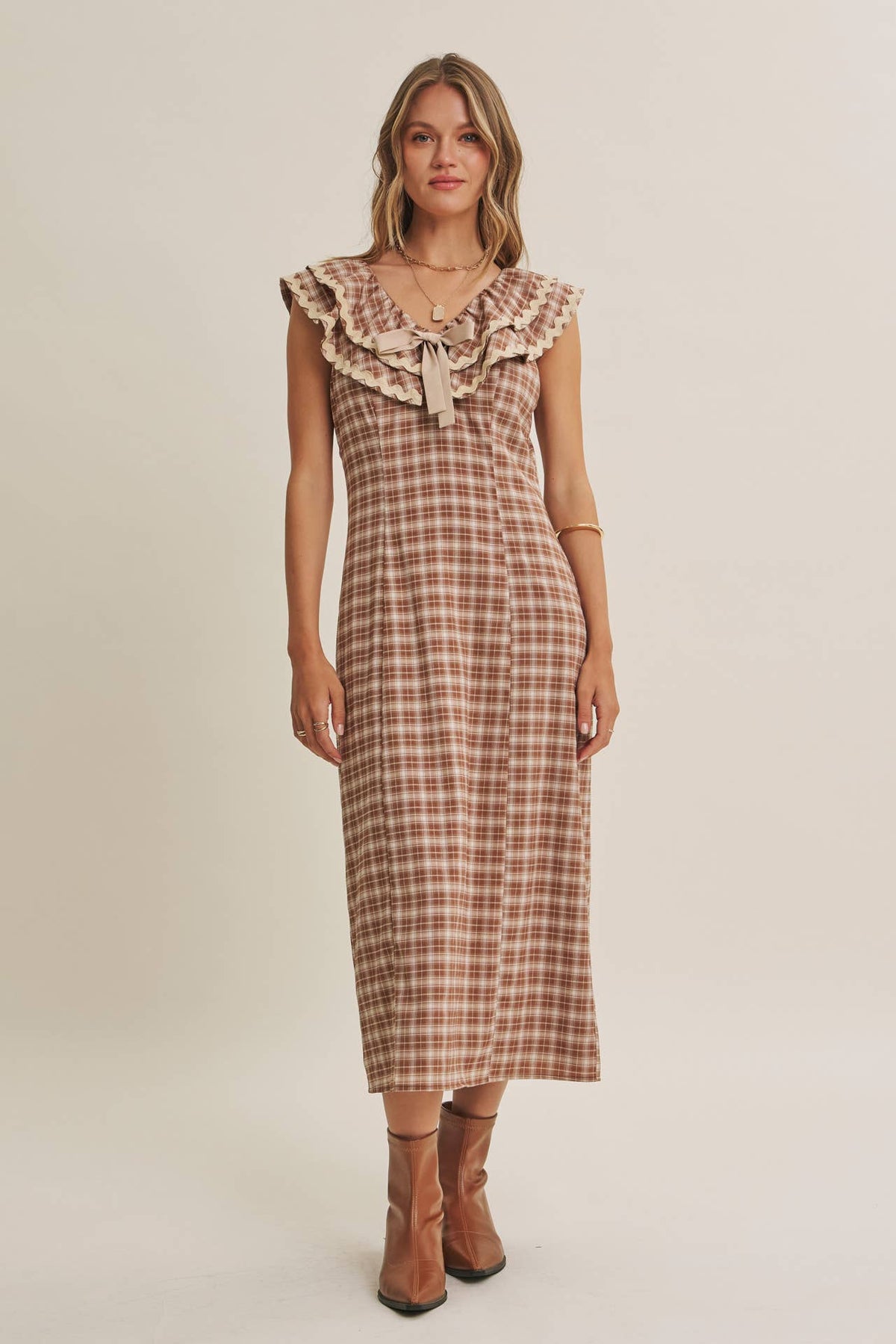 AUTUMN HARVEST RUFFLED PLAID BODY SKIMMING SLIT MIDI DRESS