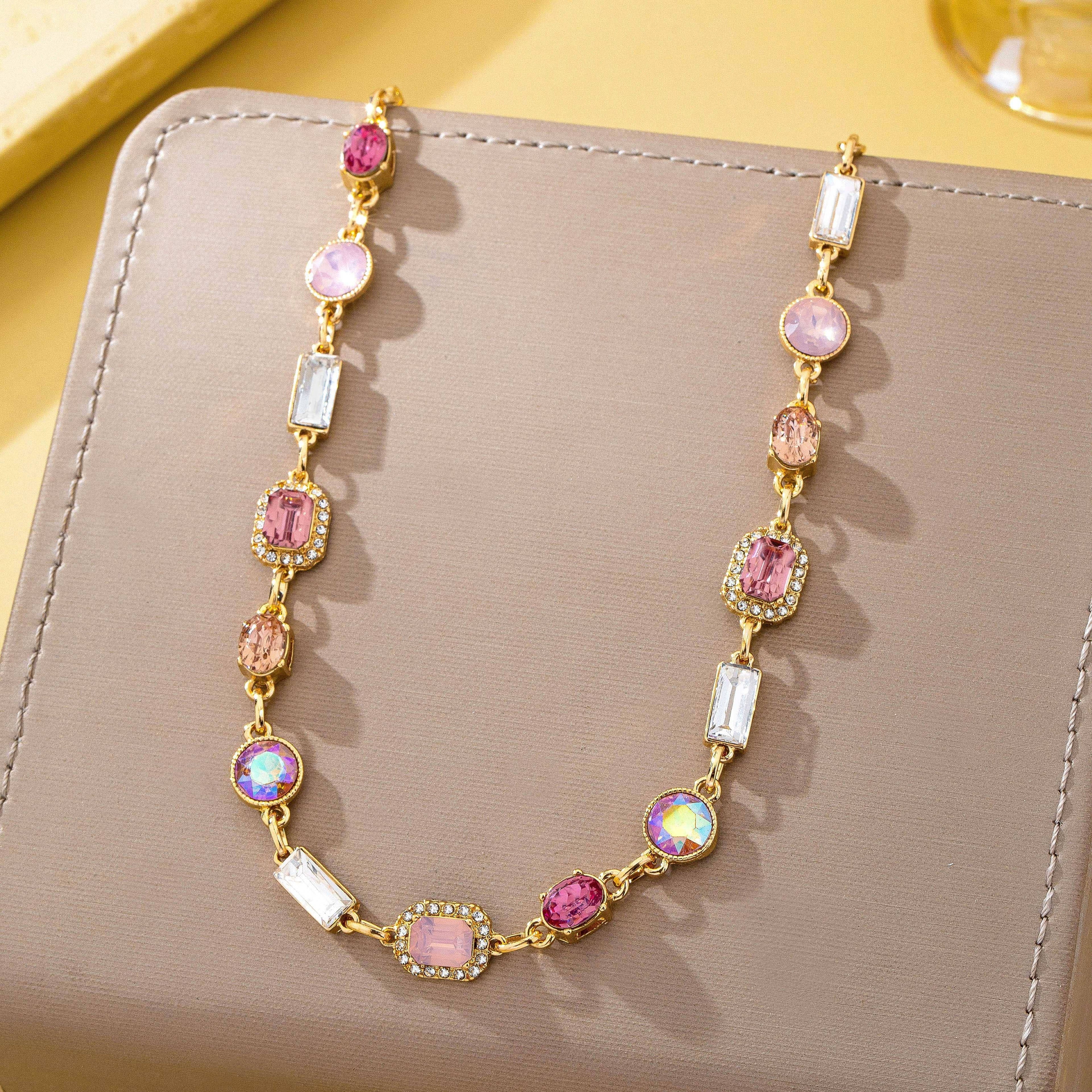 Mixed-Shape Pink & Clear Crystal Station Necklace | 80N93267