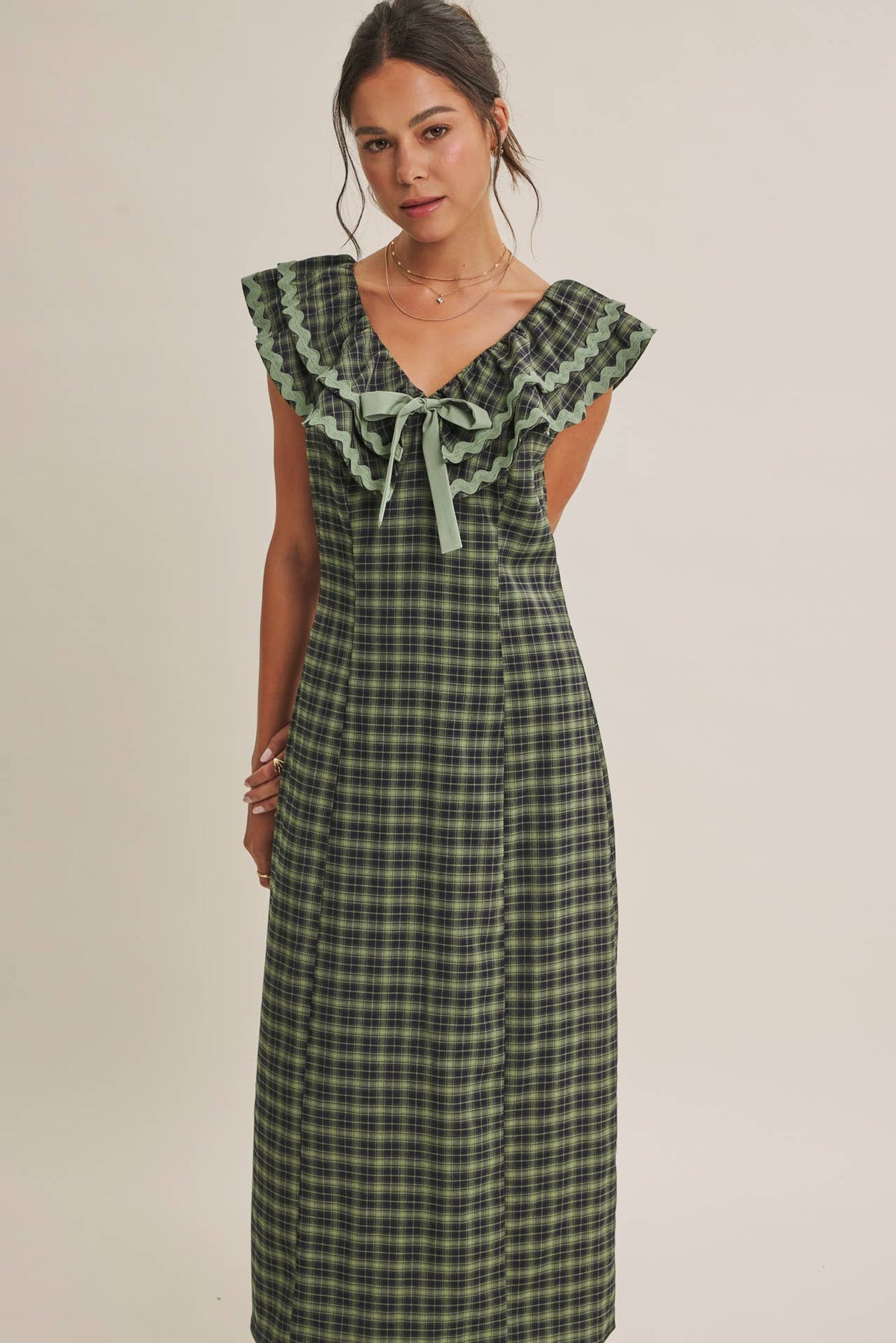 AUTUMN HARVEST RUFFLED PLAID BODY SKIMMING SLIT MIDI DRESS