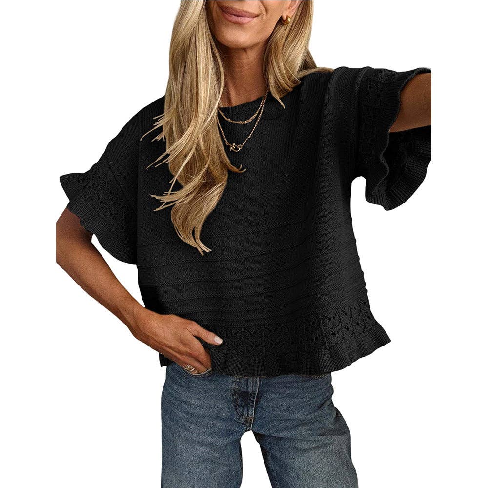 Boho Solid Knit Top Casual Eyelet Ruffle Sleeve
