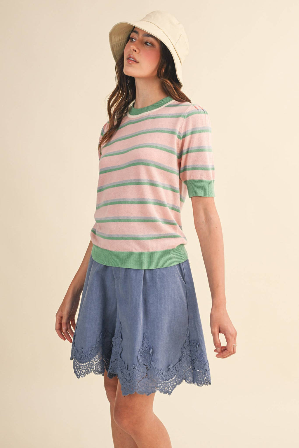 STRIPED SHORT SLEEVE SWEATER MSW11335