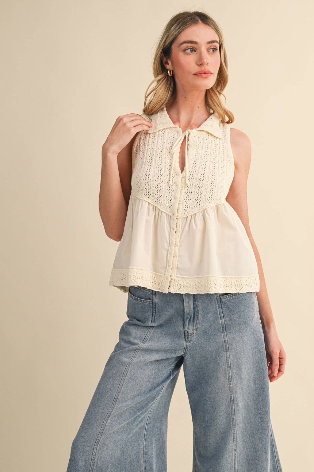 MIXED MEDIA COLLARED BUTTON DOWN SWEATER TOP MSW11289
