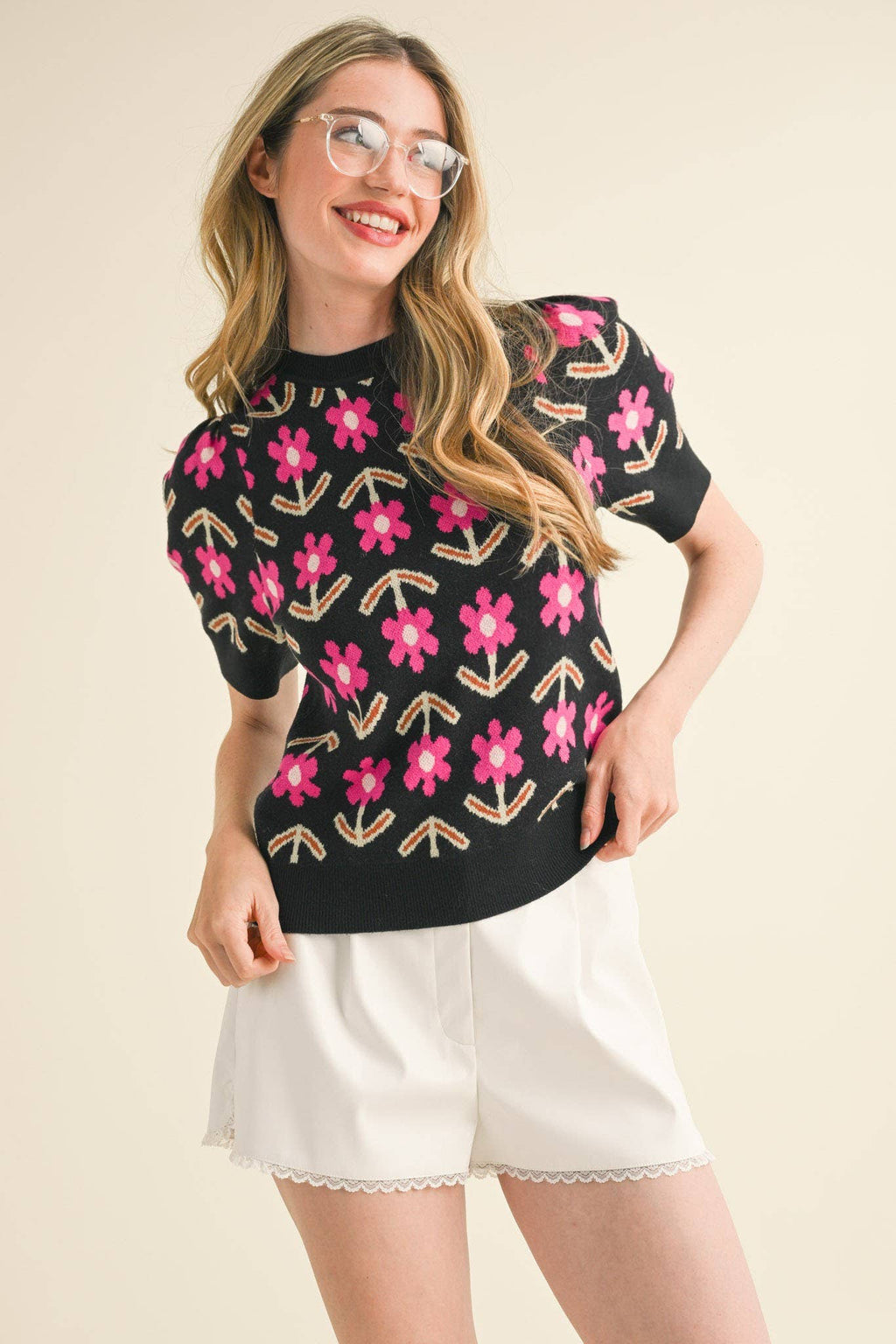 SHORT SLEEVE FLORAL KNIT SWEATER MSW10510