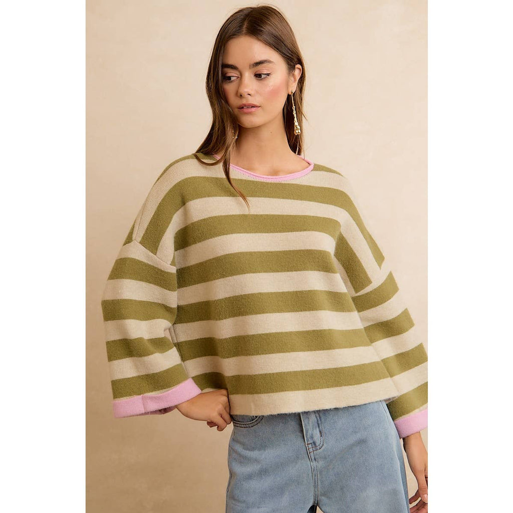 STRIPE CONTRAST BINDING AND REVERSIBLE SWEATER