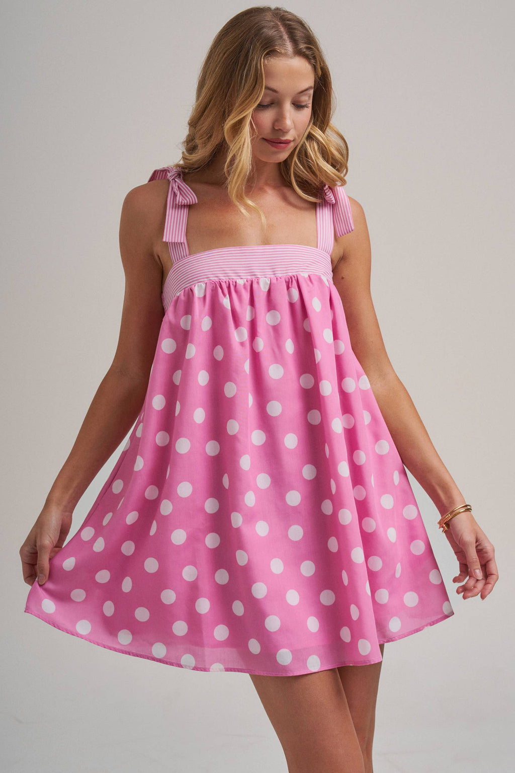 POLKA DOT BABYDOLL A LINE MINI DRESS WITH STRIPE BODICE