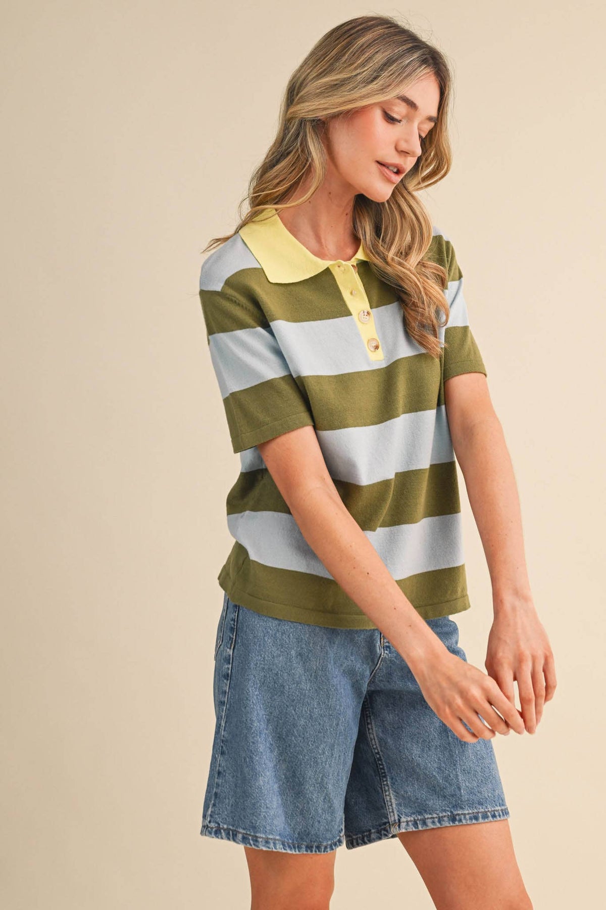 STRIPED SWEATER KNIT SHORT SLEEVE POLO MSW11339