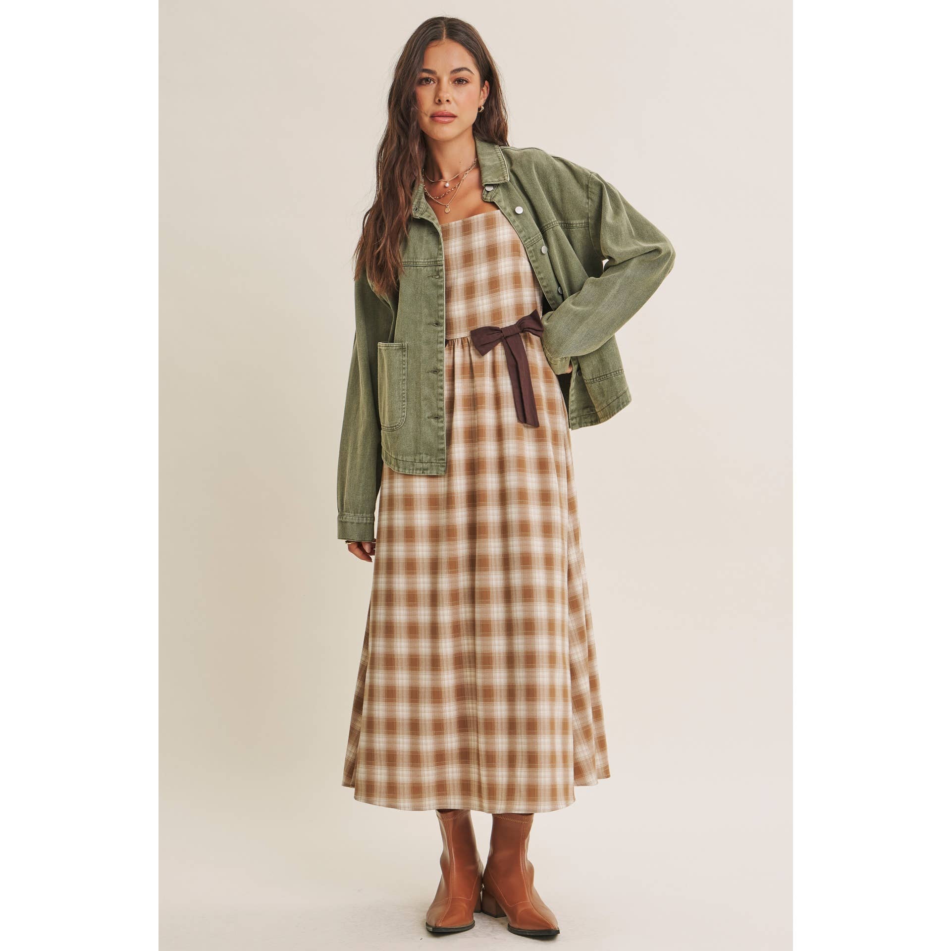 GOLDEN FIELD PLAID SMOCKED MIDI DRESS WITH CONTRAST BOW
