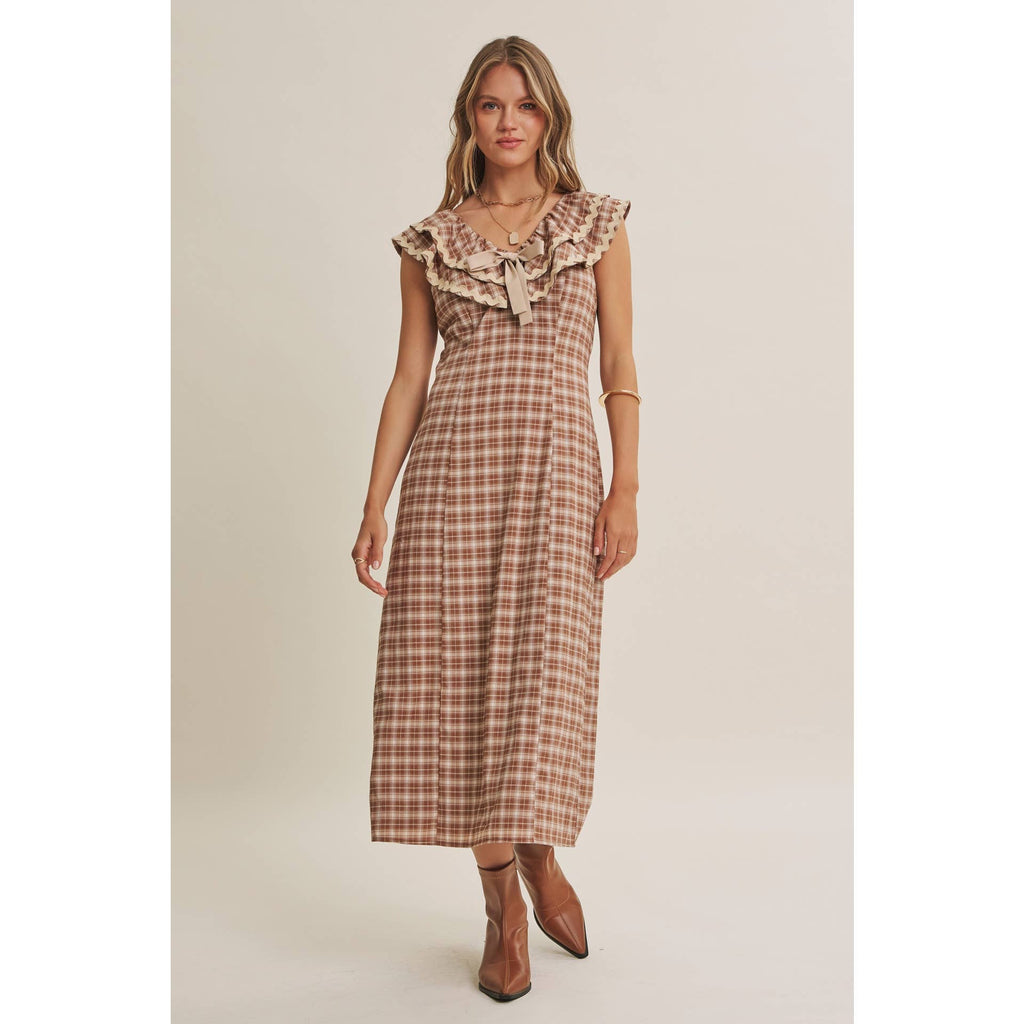 AUTUMN HARVEST RUFFLED PLAID BODY SKIMMING SLIT MIDI DRESS
