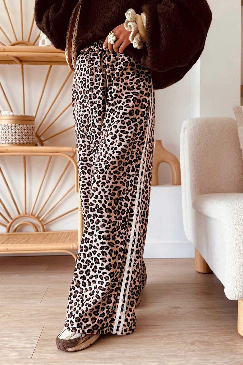 Beige Leopard Print Side Striped Detail Casual Wide Leg Pants