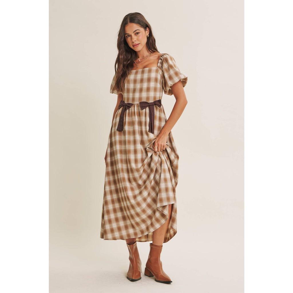 GOLDEN FIELD PLAID SMOCKED MIDI DRESS WITH CONTRAST BOW