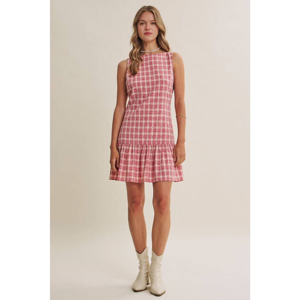 CHARMING FLOCKED PLAID TAILORED DROP WAIST MINI DRESS