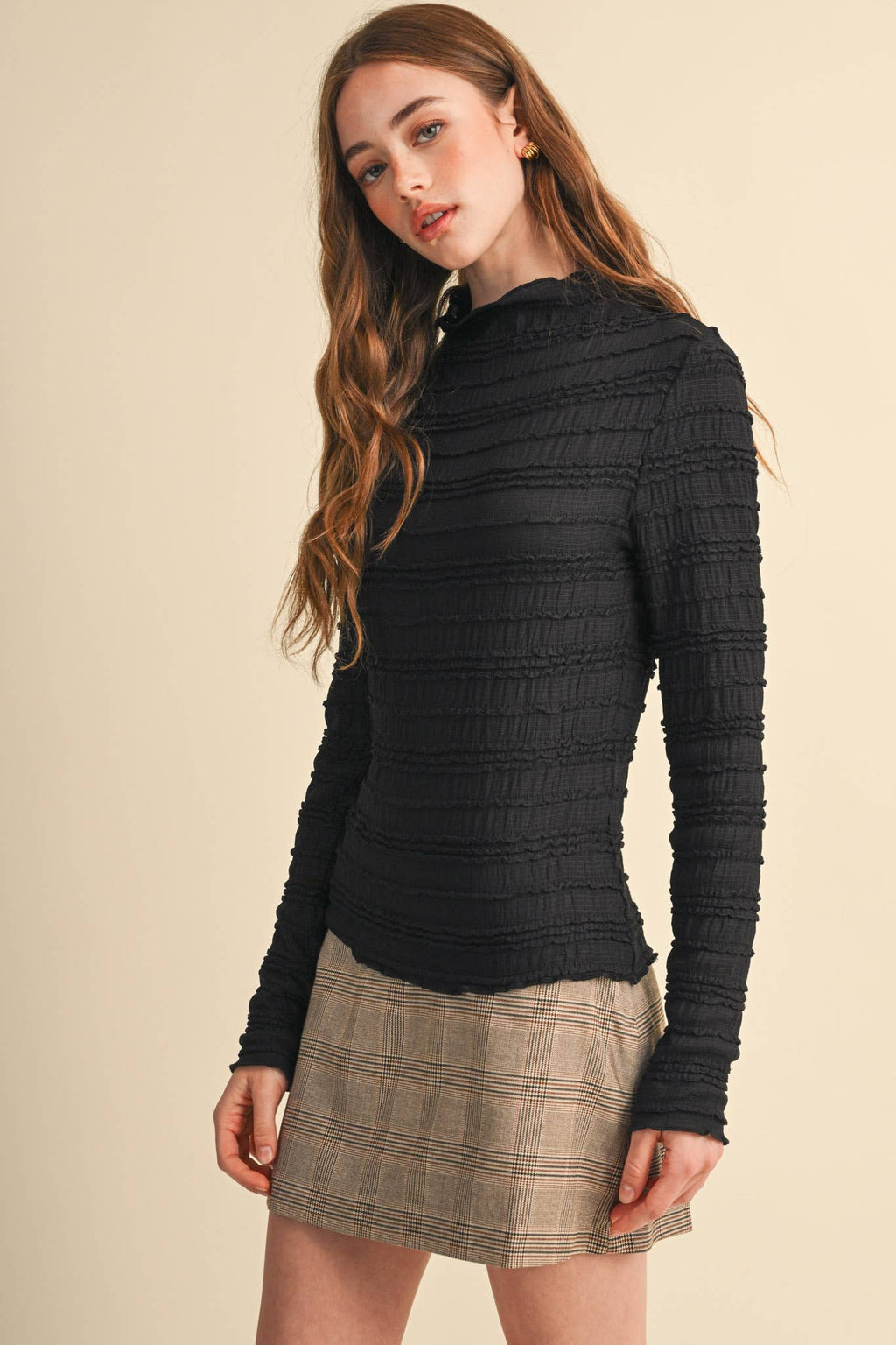 SHIRRED LONG SLEEVE MOCK NECK TOP MTP5407