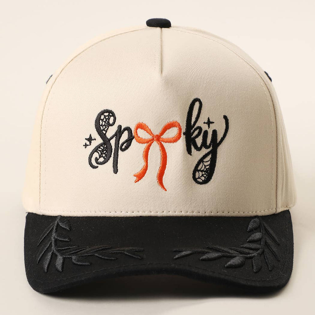 SPOOKY Bow Embroidered Two-Tone Leaf Brim Trucker Hat