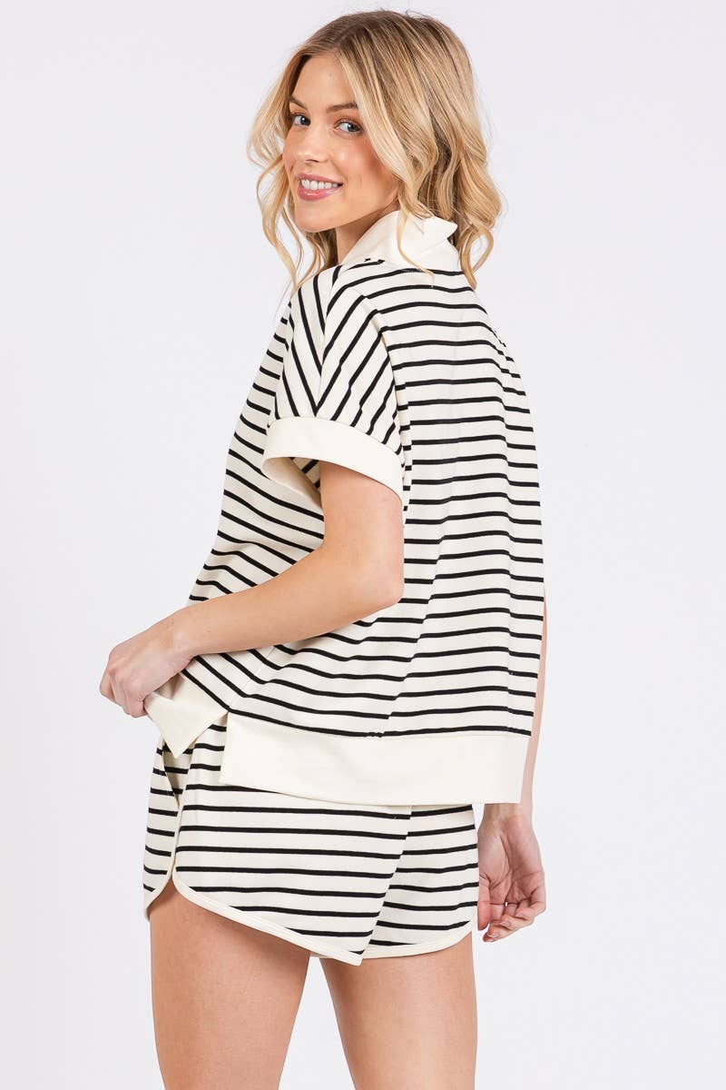 HALF ZIP UP STRIPED TOP AND SHORTS SETS