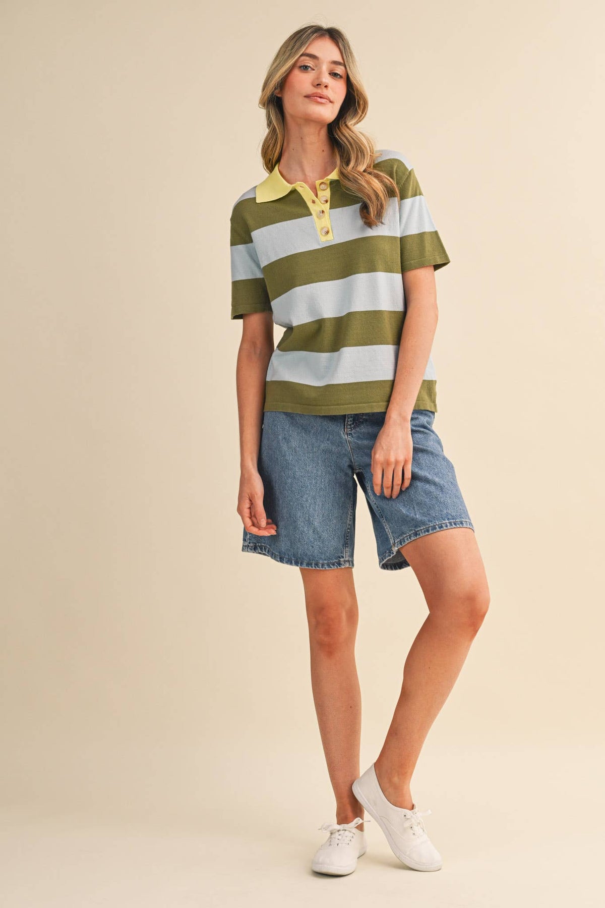 STRIPED SWEATER KNIT SHORT SLEEVE POLO MSW11339
