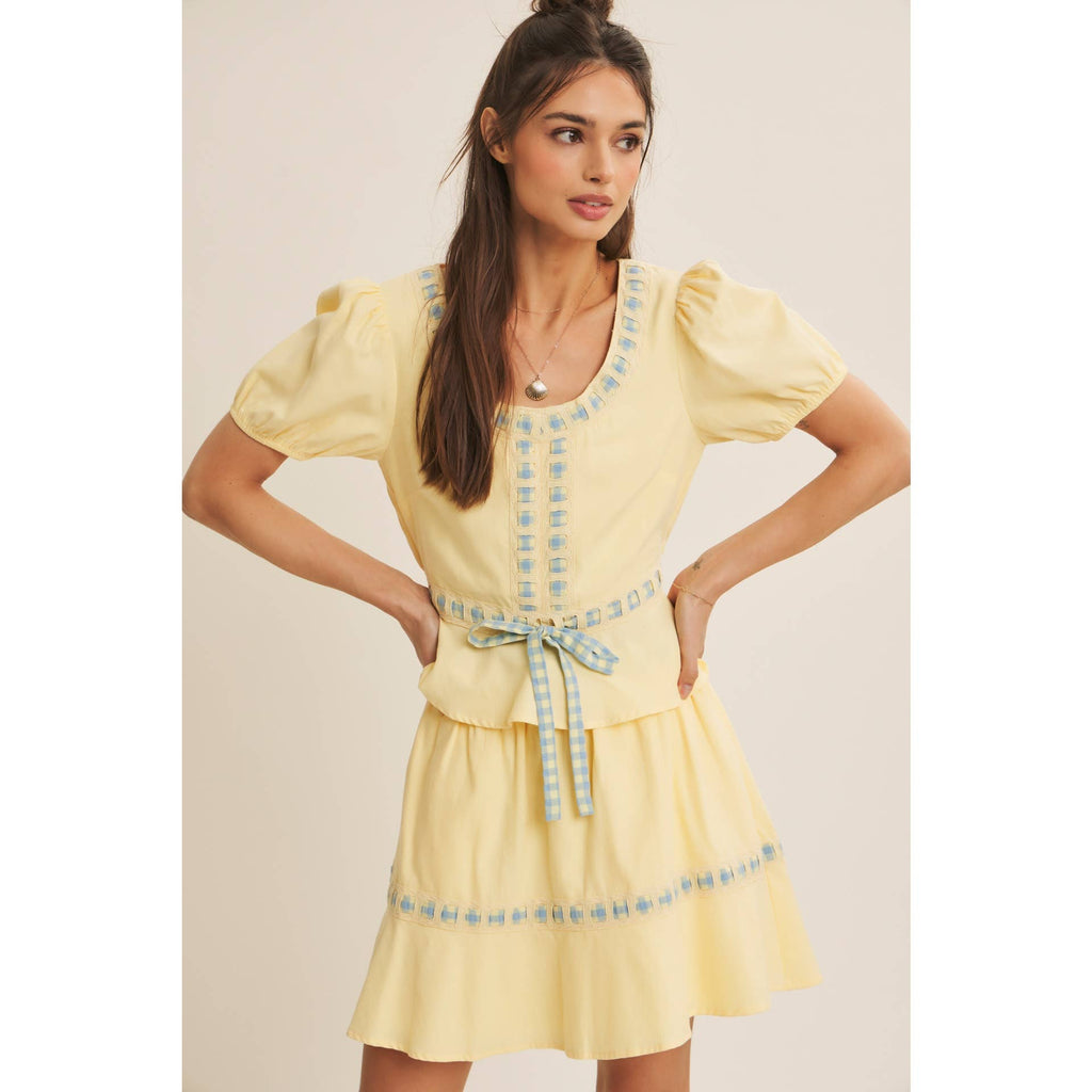 FRESH AND TIMELESS GINGHAM BOW CONTRAST BABYDOLL TOP