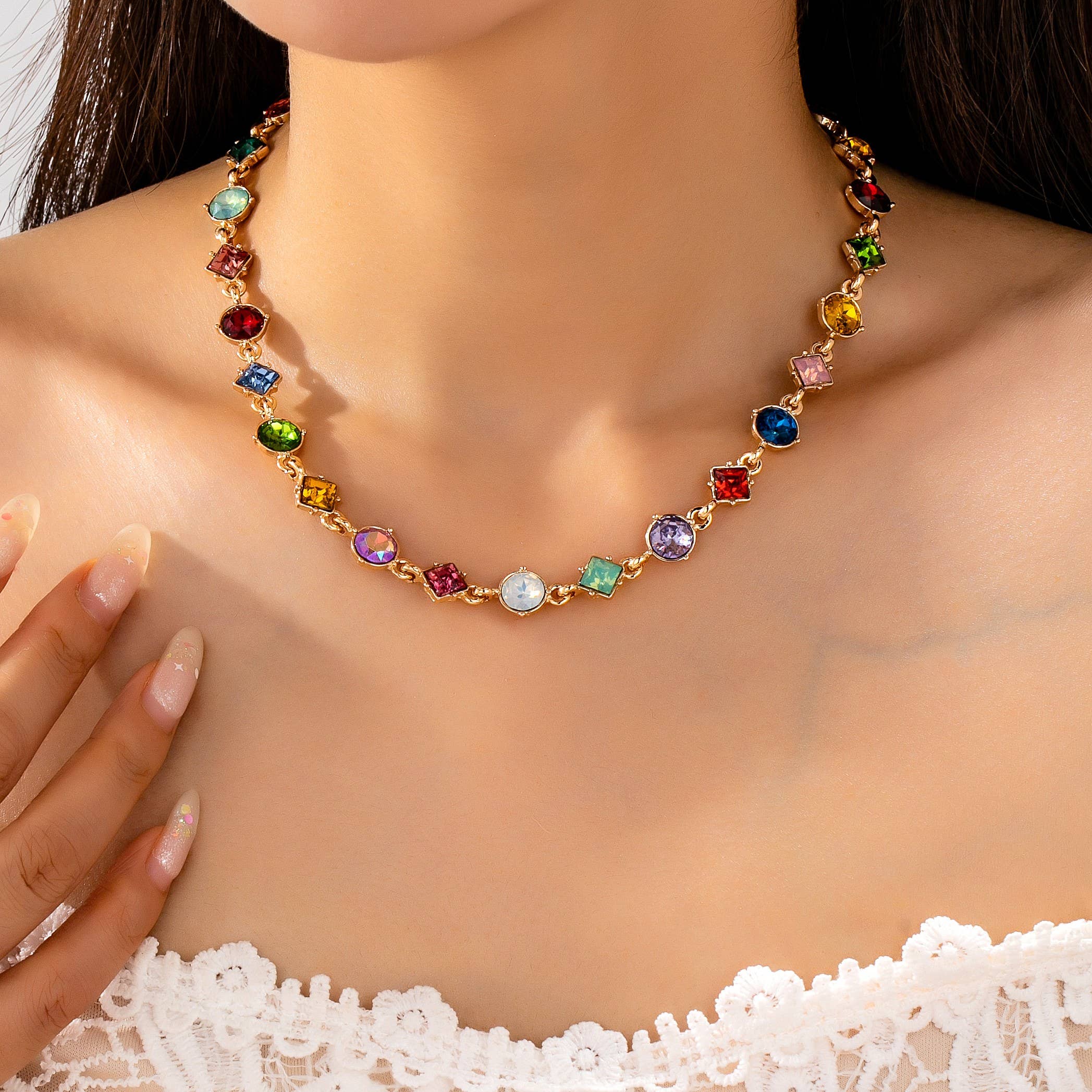 Multicolored Mixed-Shape Crystal Station Necklace | 80N93256