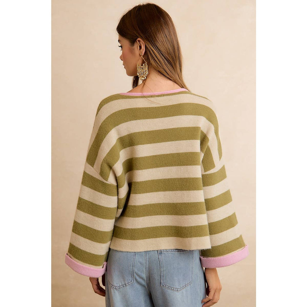 STRIPE CONTRAST BINDING AND REVERSIBLE SWEATER