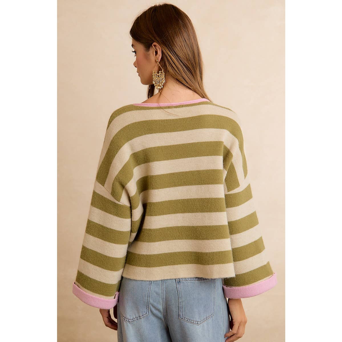 STRIPE CONTRAST BINDING AND REVERSIBLE SWEATER