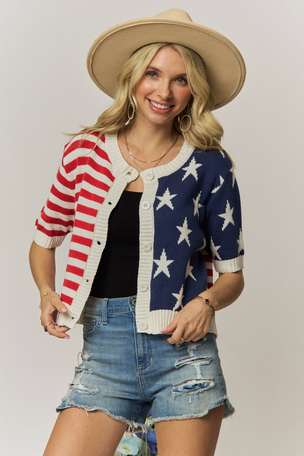 AMERICAN FLAG BUTTON FRONT KNIT SWEATER TOP- LESW4248