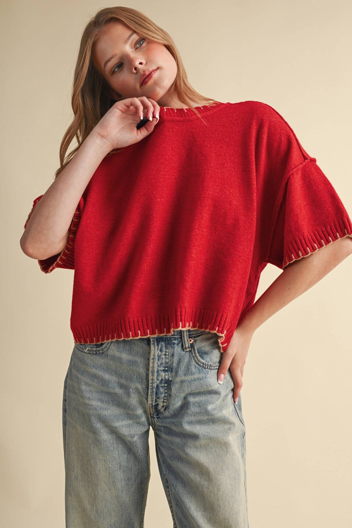 CONTRAST BLANKET STITCH MOCK NECK SHORT SLV SWEATER MSW11407
