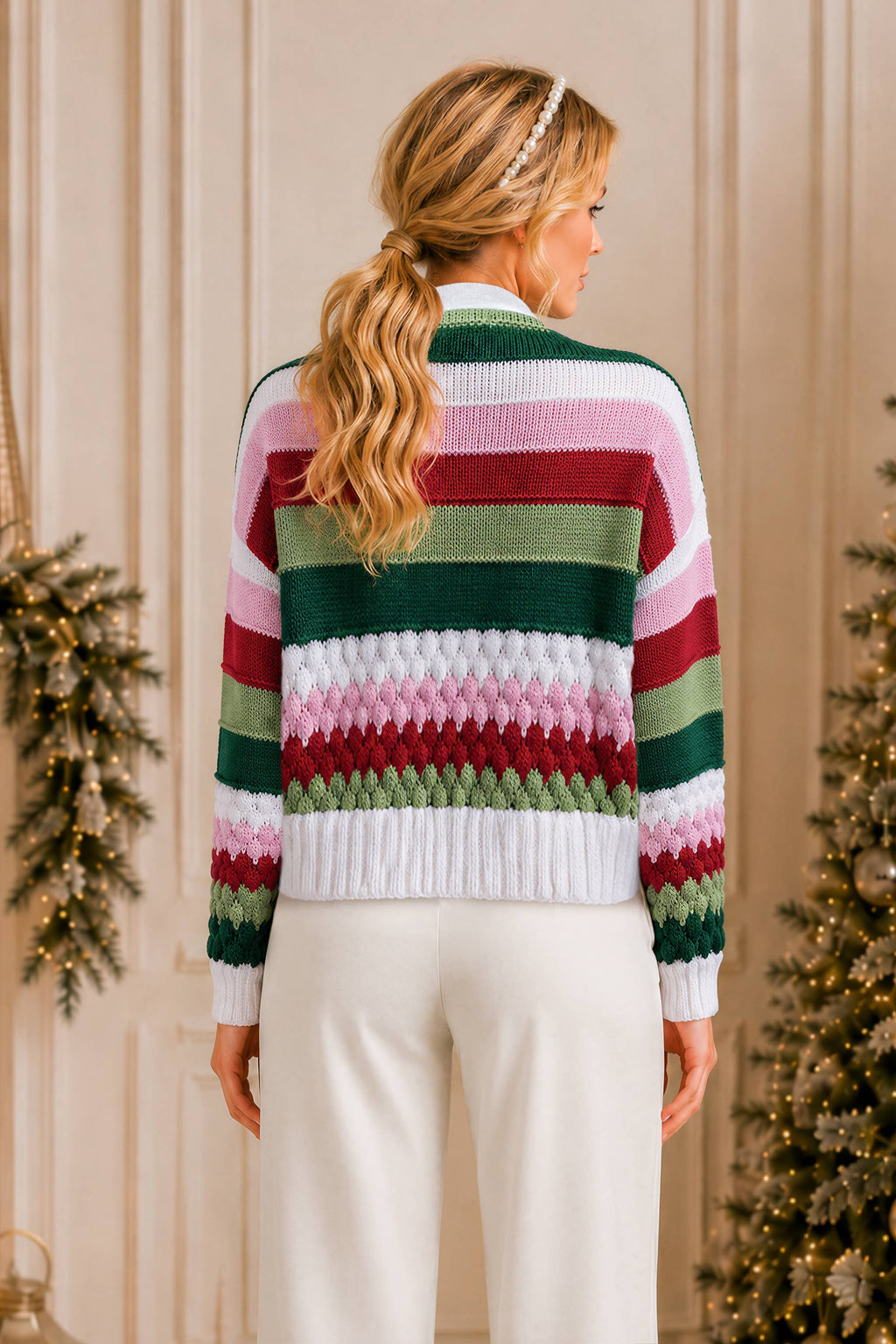 Holiday Ribbon Tie Stripe Cardigan Sweater