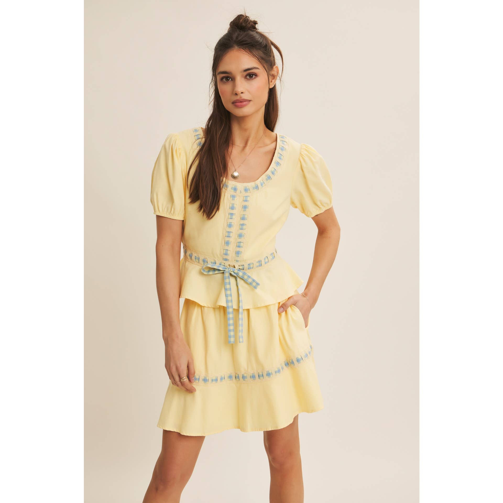 FRESH AND TIMELESS GINGHAM BOW CONTRAST BABYDOLL TOP