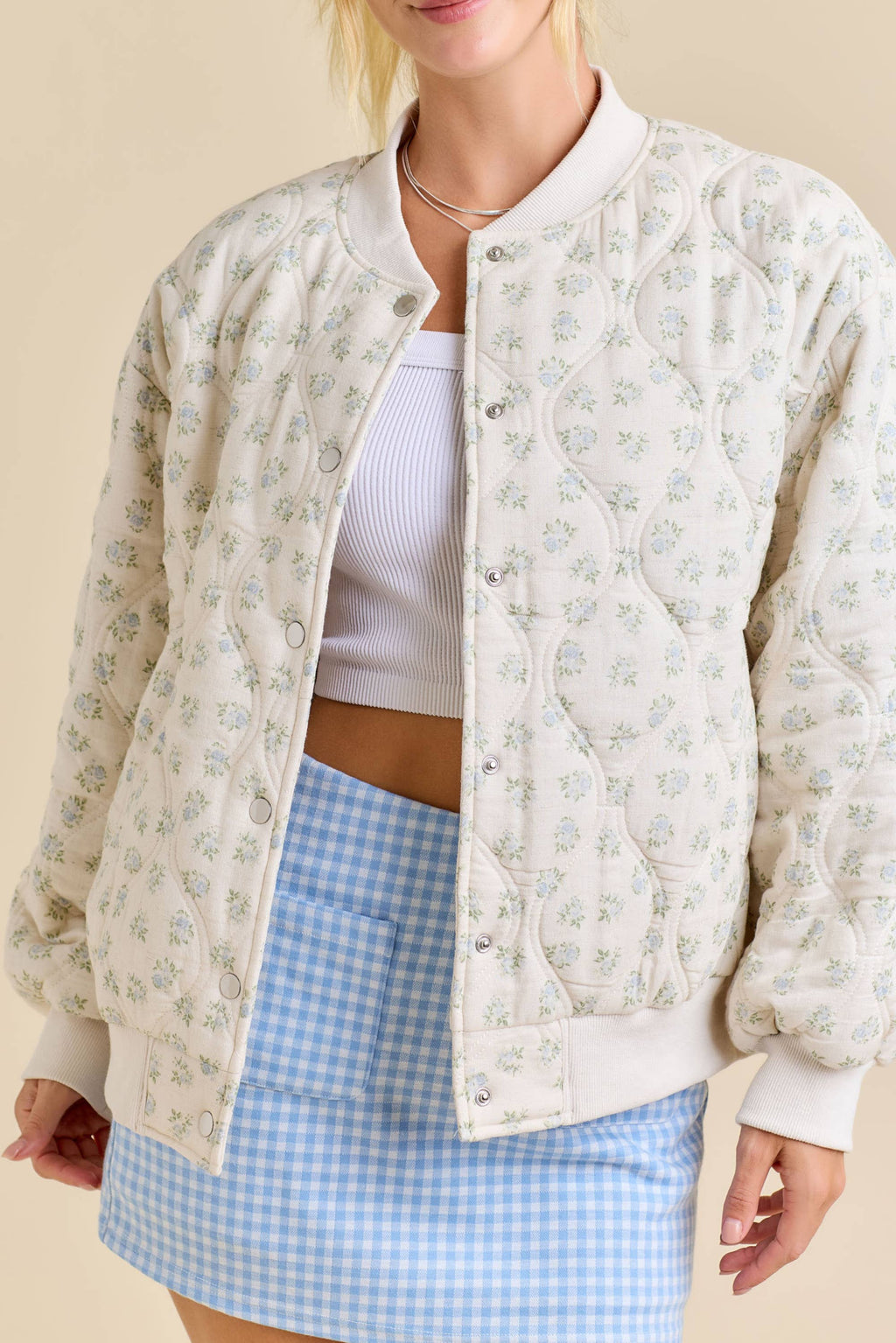 Oversized Quilted Floral Print Bomber Jacket