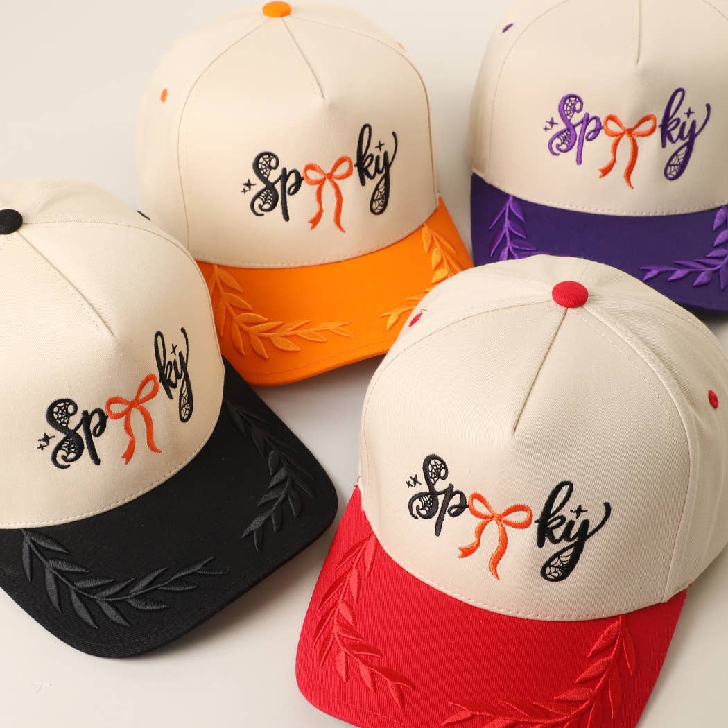 SPOOKY Bow Embroidered Two-Tone Leaf Brim Trucker Hat