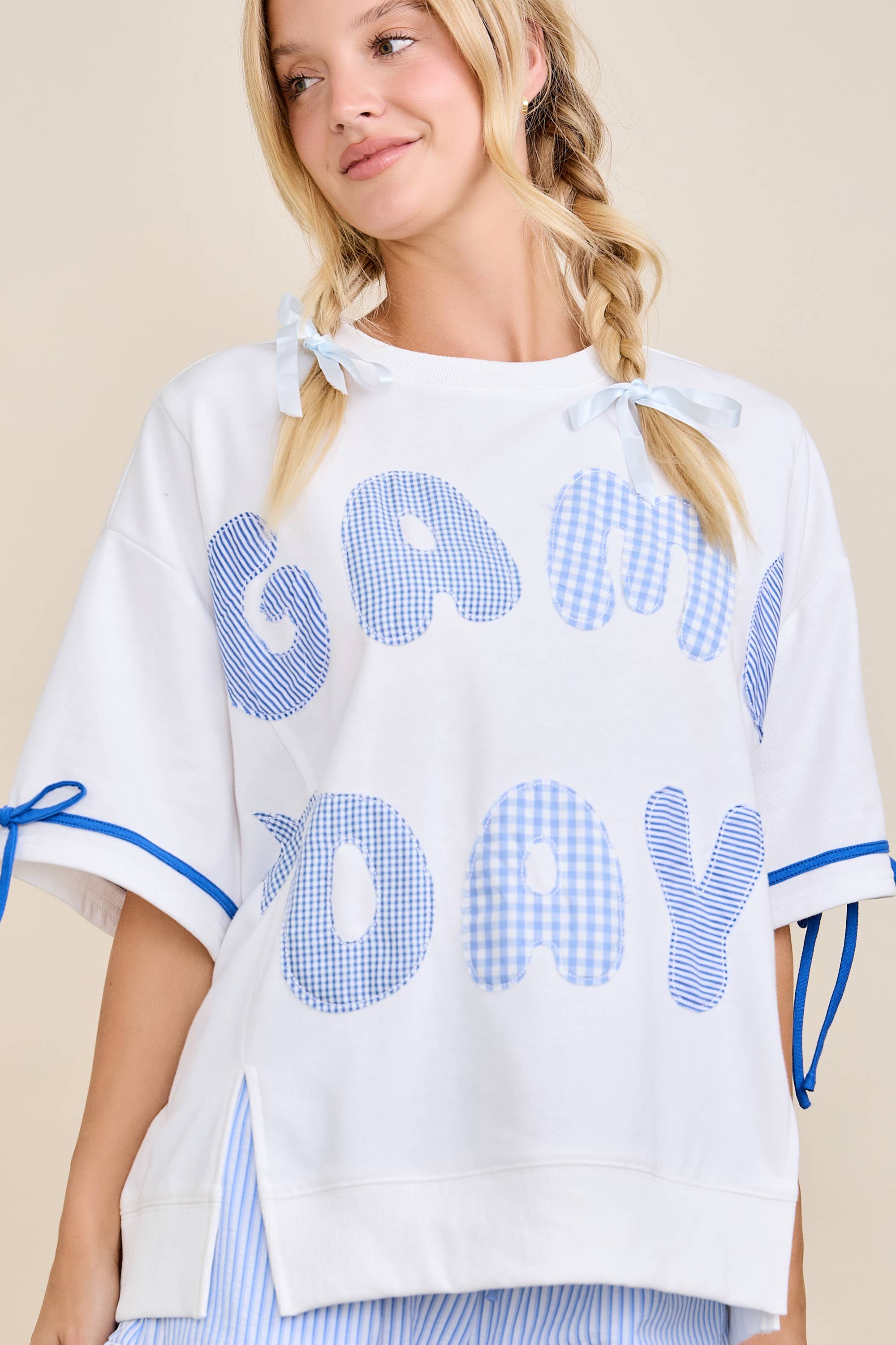 Game Day Patchwork Boxy Top – Ribbon Sleeve Western Style