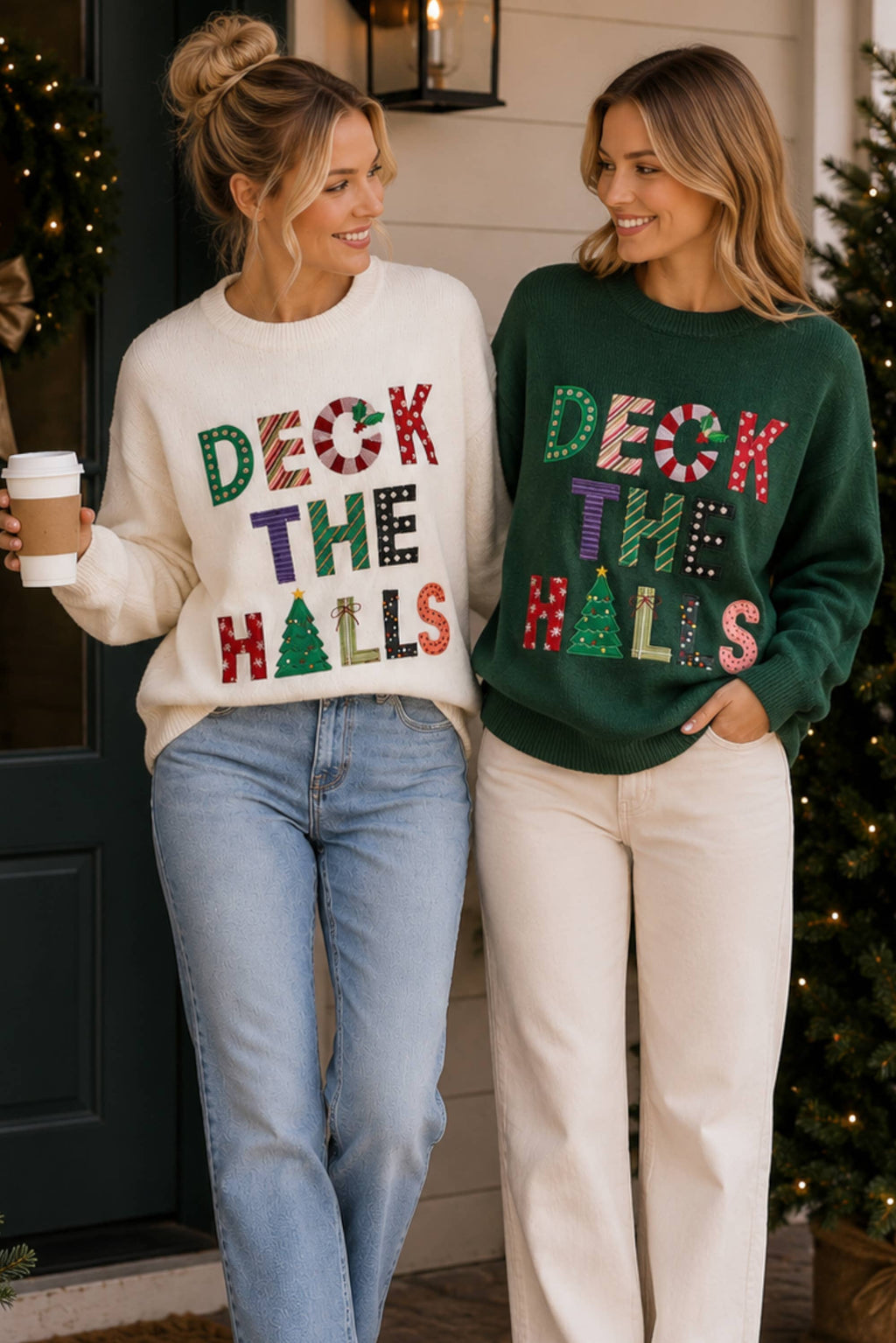 Deck the Halls Christmas Patchwork Graphic Sweater