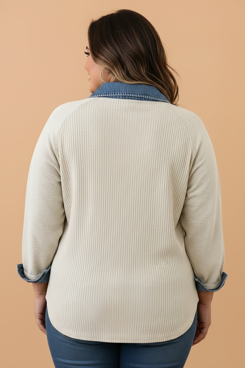 PRETTY BASH Plus Size Denim Collared Ribbed Knit Blouse