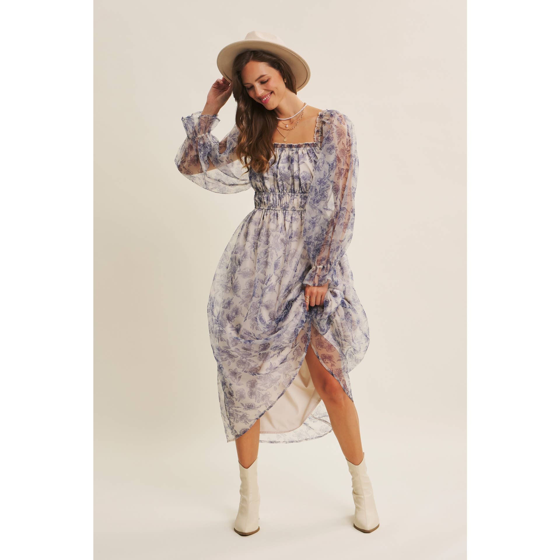 ETHEREAL GRACE FLORAL ORGANZA MIDI DRESS WITH ELASTIC WAIST