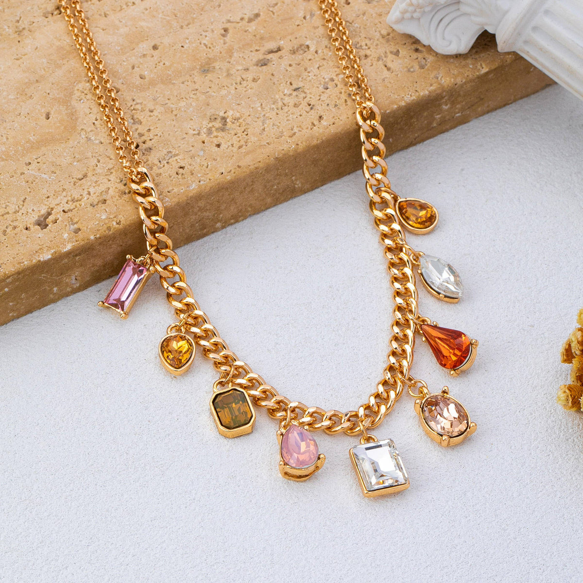 Multi-Shape Earth Tone Crystal Charm Necklace | 80N93404