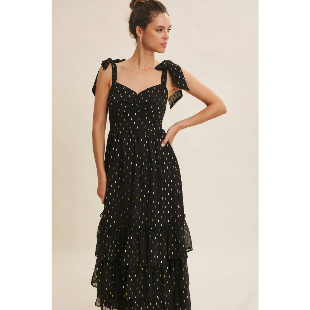 DESIGNED FOR MAGICAL MOMENT RUCHED FOIL SWISS DOT MAXI DRESS