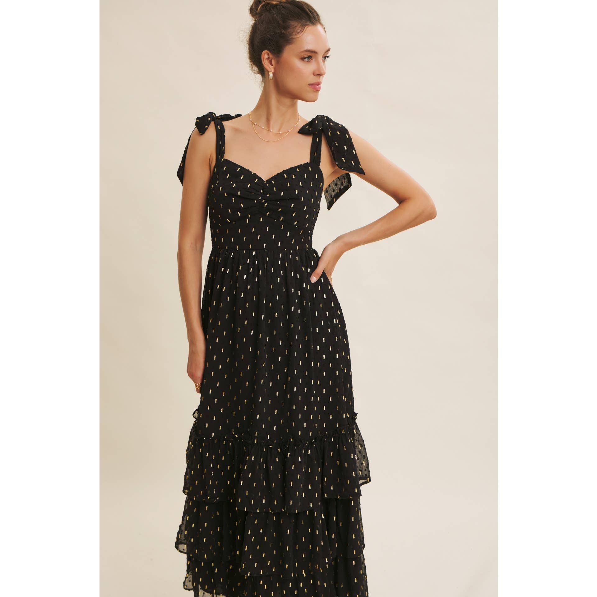 DESIGNED FOR MAGICAL MOMENT RUCHED FOIL SWISS DOT MAXI DRESS