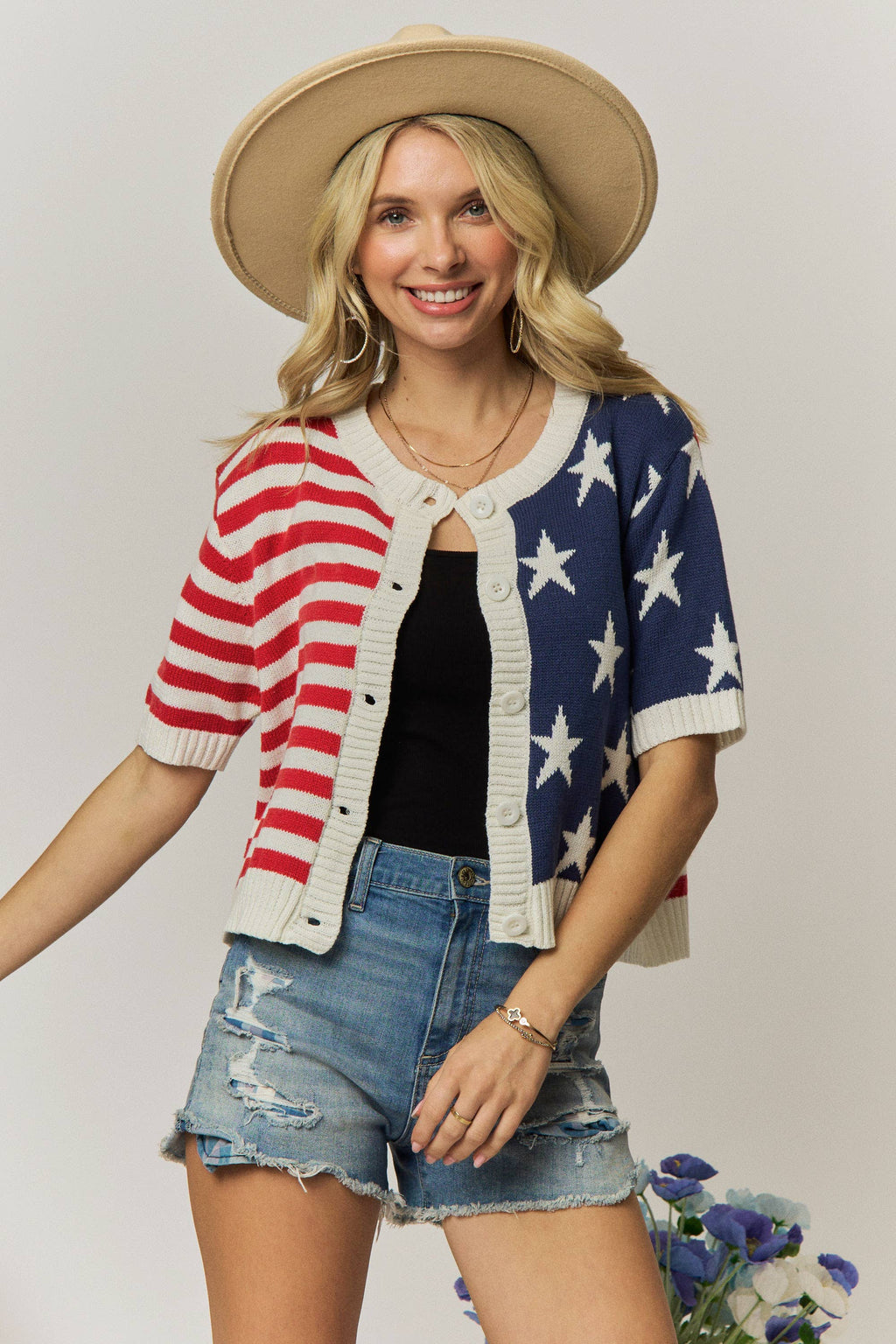 AMERICAN FLAG BUTTON FRONT KNIT SWEATER TOP- LESW4248