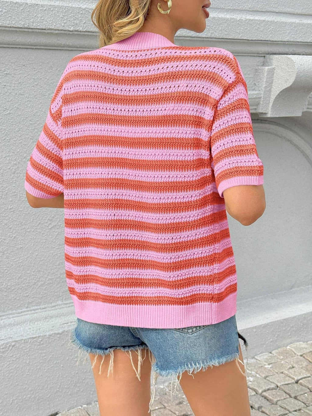 Striped Knit Cardigan Casual V Neck Button Front