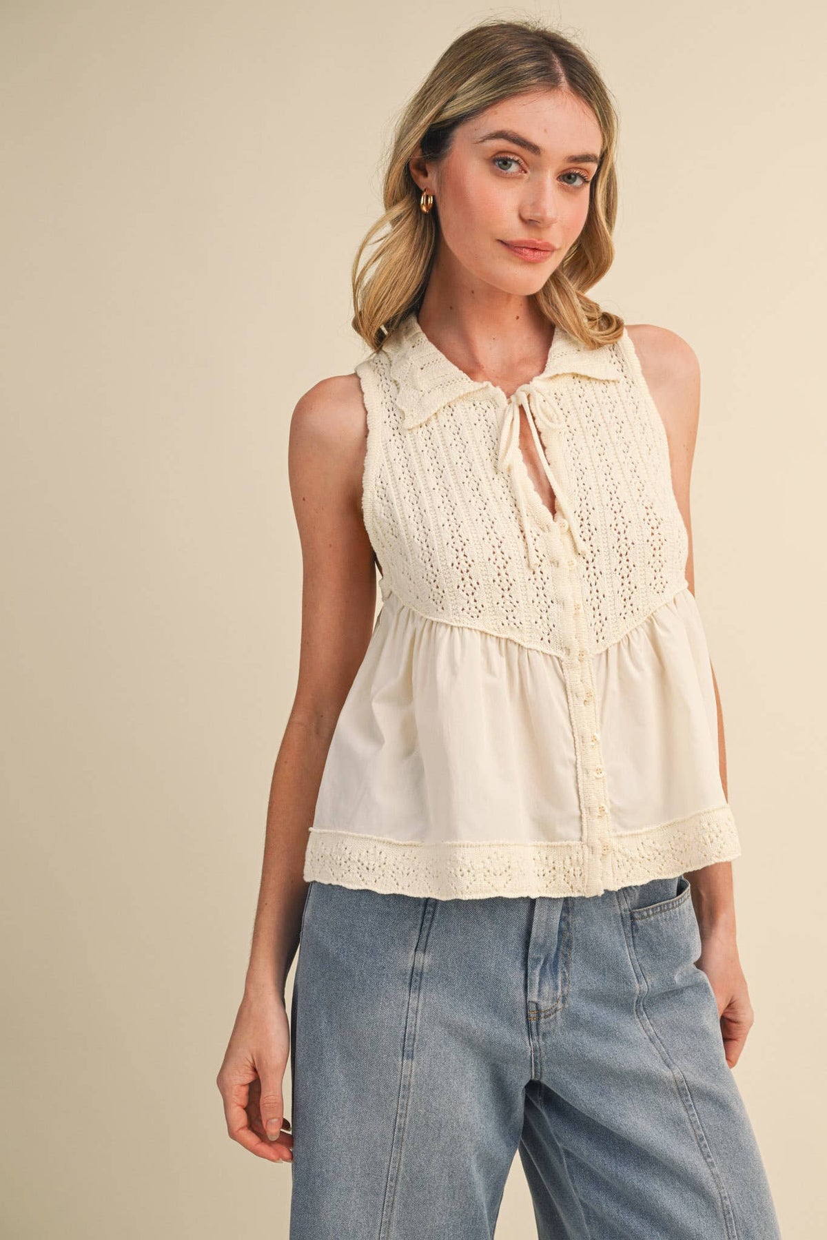 MIXED MEDIA COLLARED BUTTON DOWN SWEATER TOP MSW11289