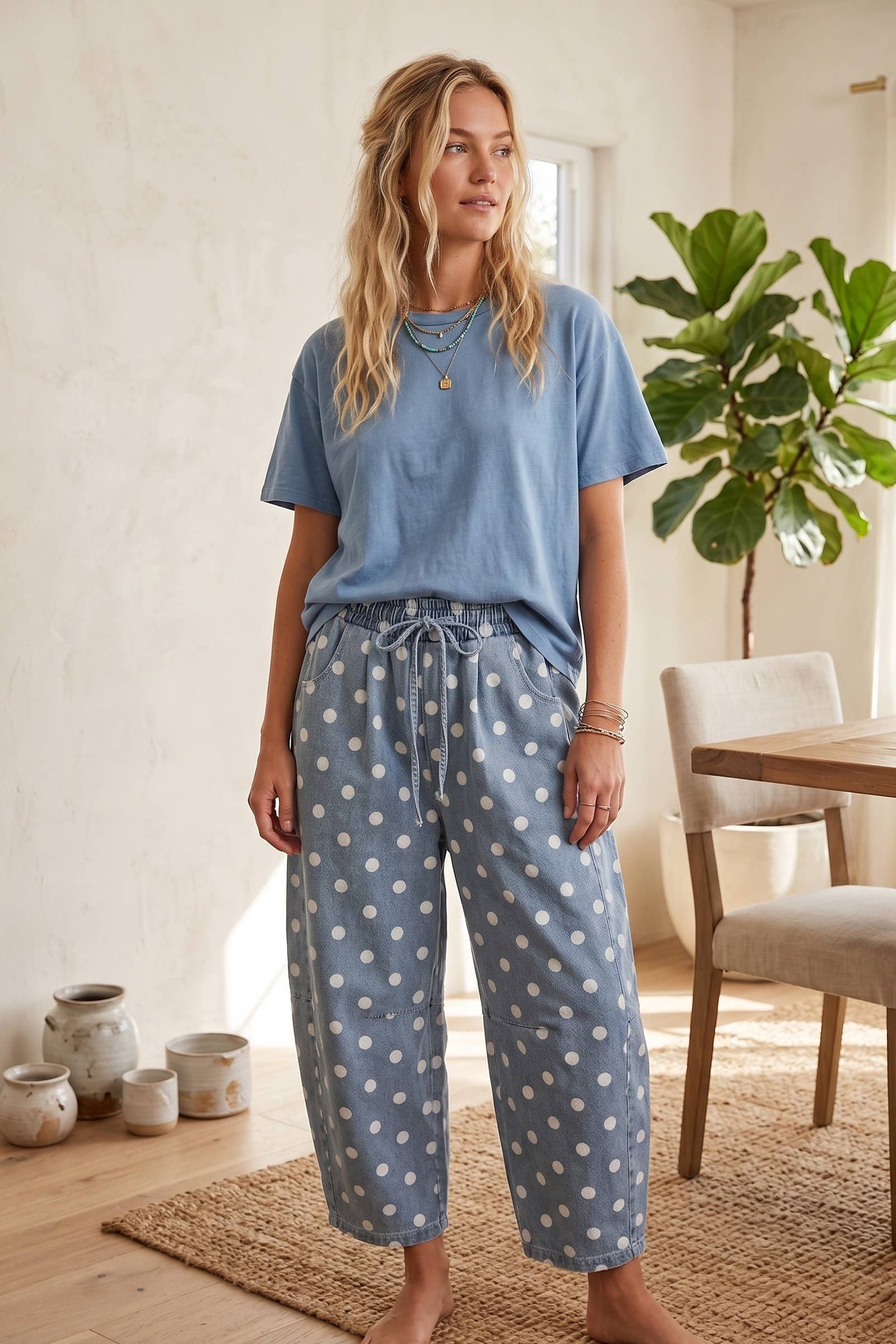 Polka Dot Denim Barrel Pants