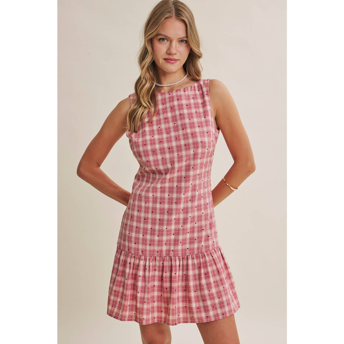 CHARMING FLOCKED PLAID TAILORED DROP WAIST MINI DRESS