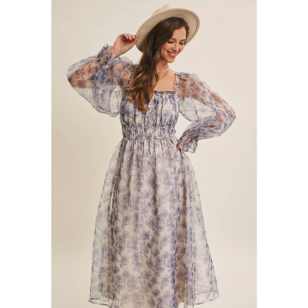 ETHEREAL GRACE FLORAL ORGANZA MIDI DRESS WITH ELASTIC WAIST
