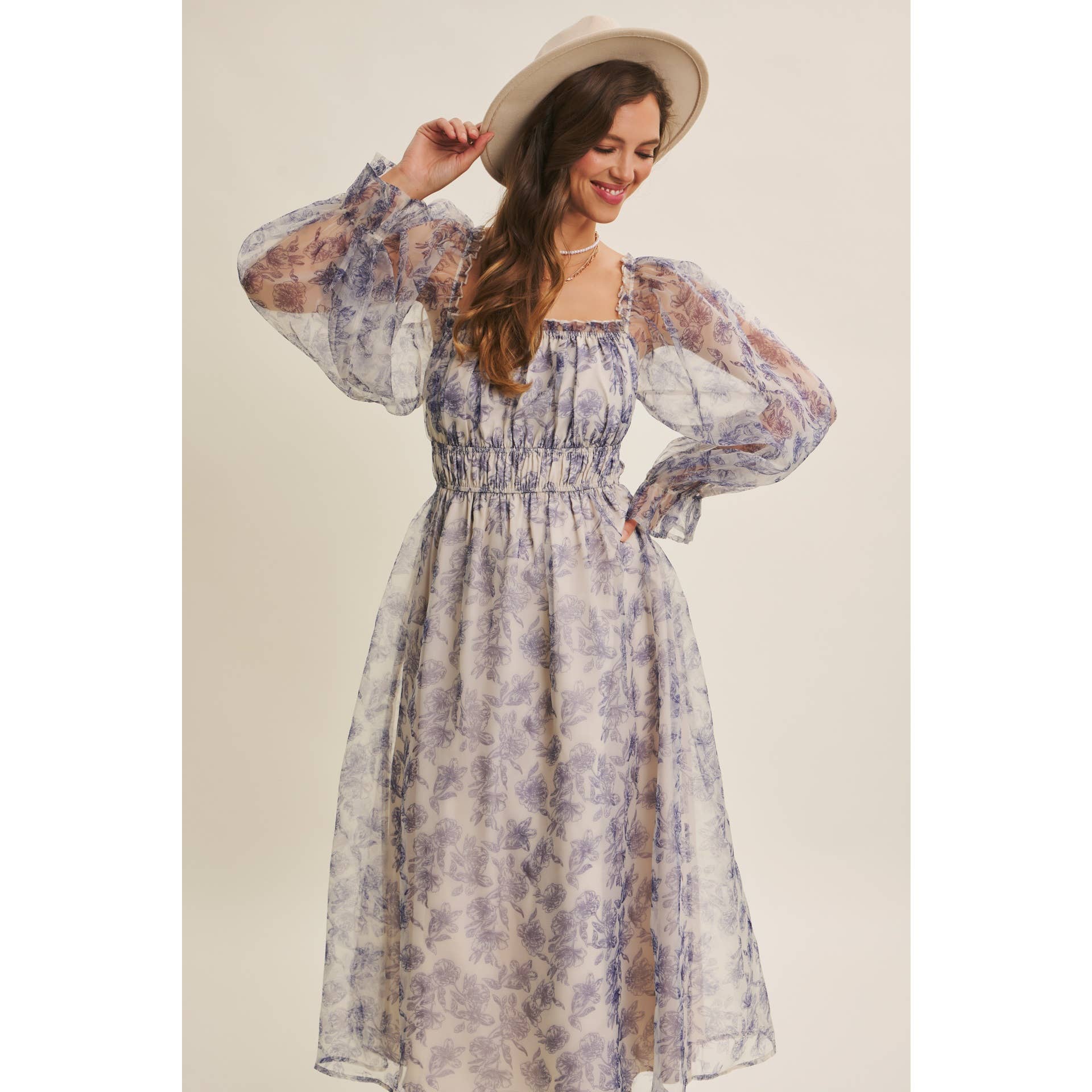ETHEREAL GRACE FLORAL ORGANZA MIDI DRESS WITH ELASTIC WAIST