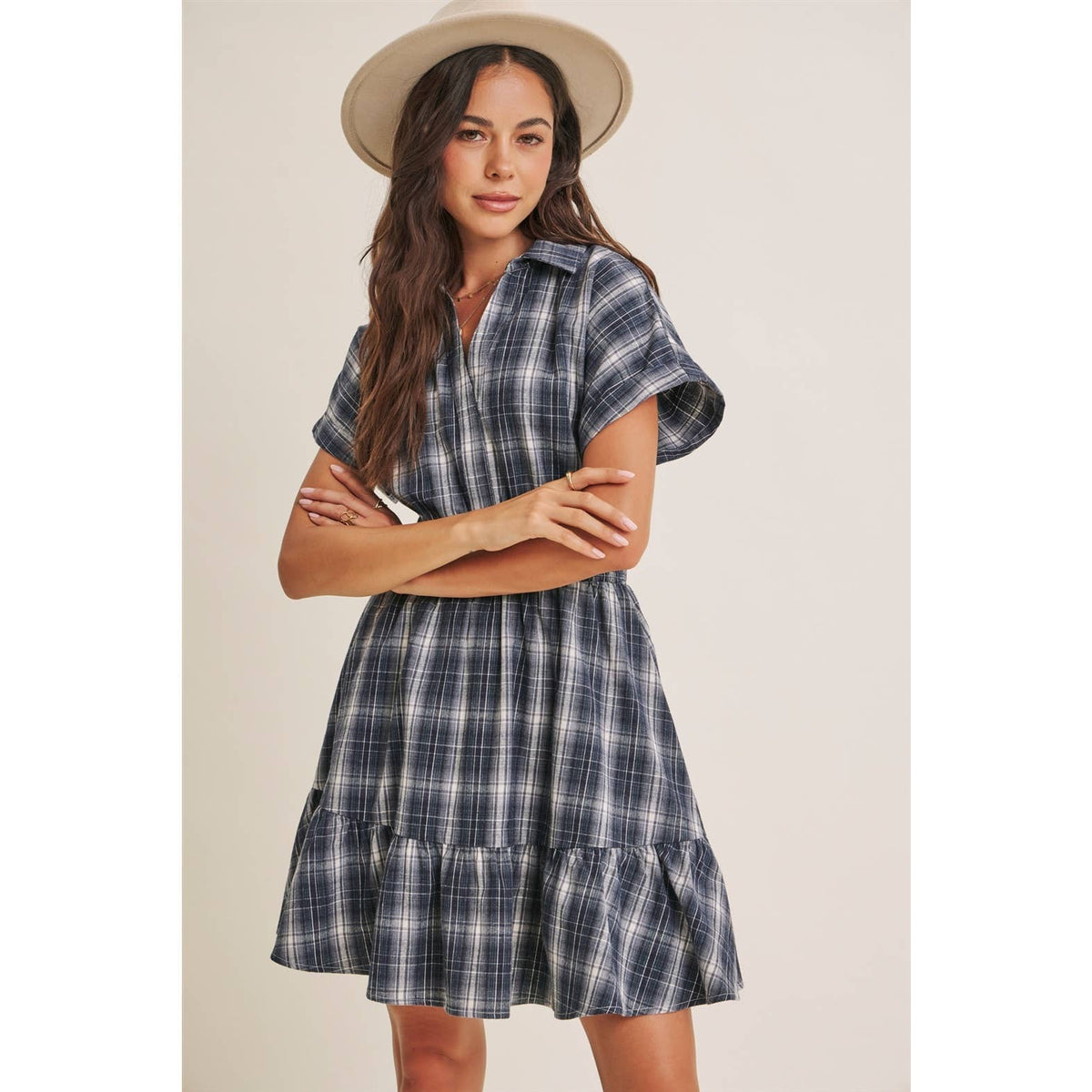 AUTUMN PICNIC DROP SHOULDER PLAID SMOCKED WAIST MINI DRESS