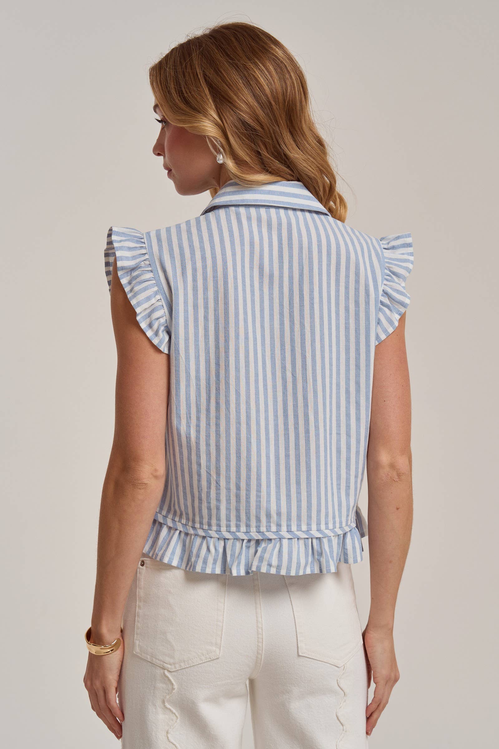 STRIPE BUTTON FRONT SLEEVELESS BLOUSE TOP