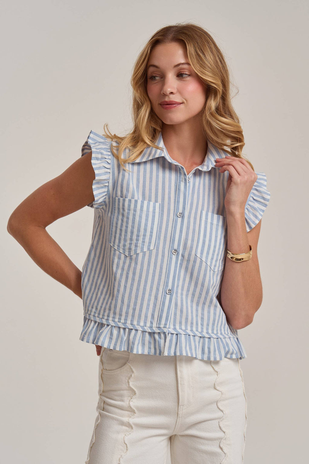 STRIPE BUTTON FRONT SLEEVELESS BLOUSE TOP