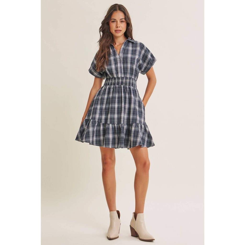 AUTUMN PICNIC DROP SHOULDER PLAID SMOCKED WAIST MINI DRESS