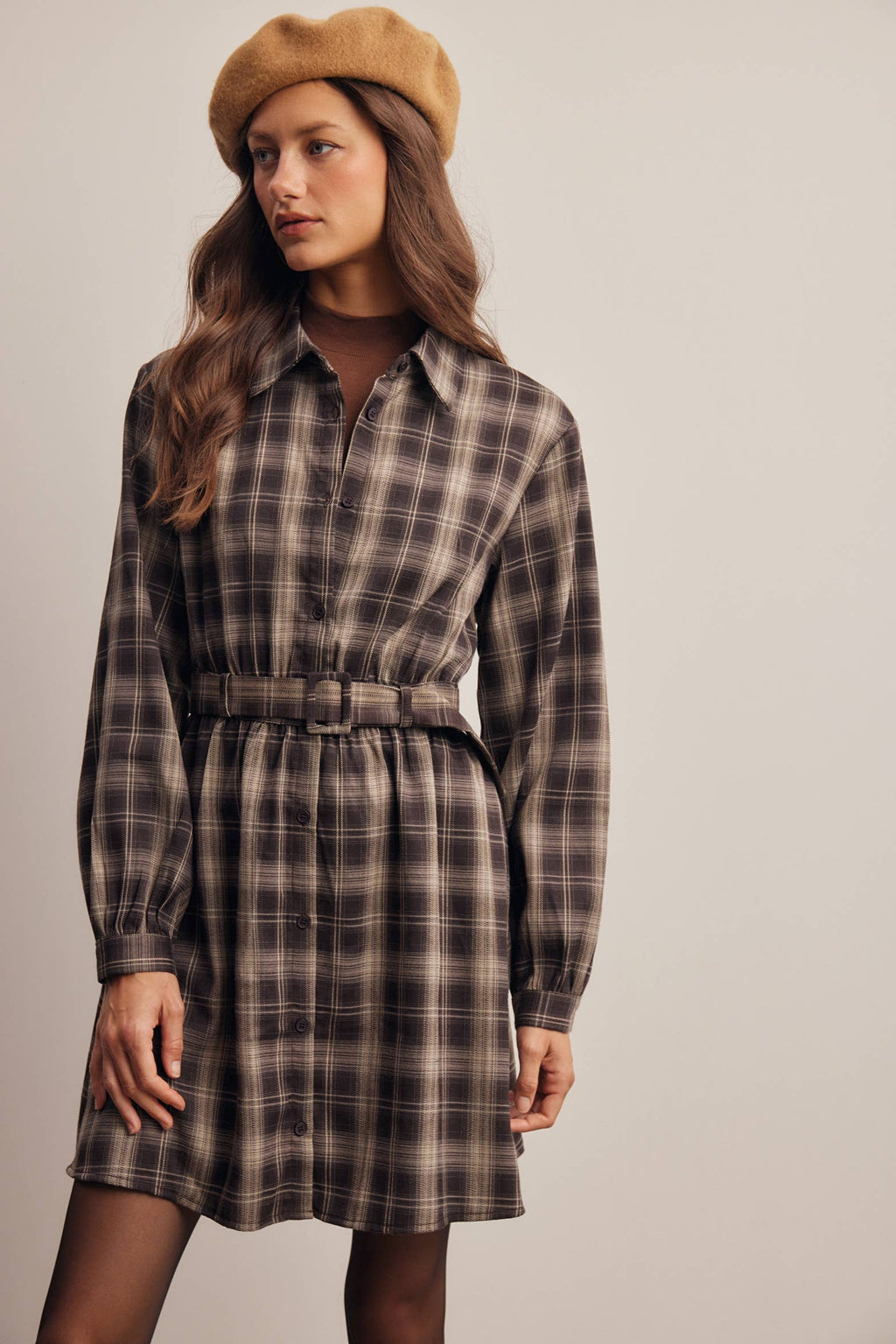 Belted Plaid Shirt Dress FD0063