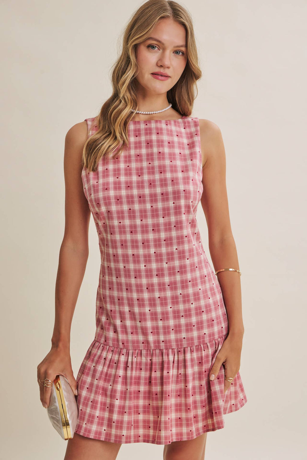 CHARMING FLOCKED PLAID TAILORED DROP WAIST MINI DRESS