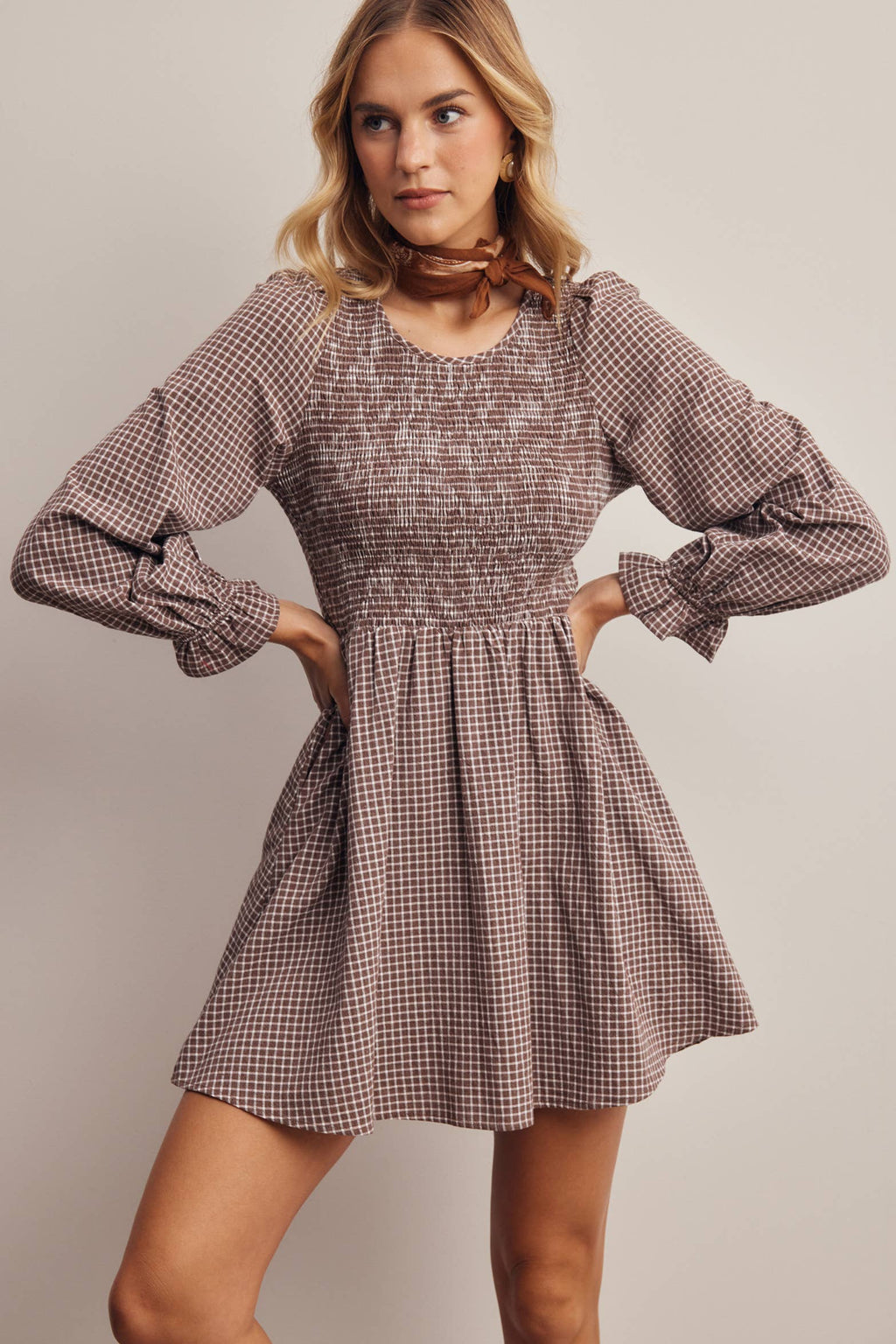 Smocked Gingham Mini Dress FD0071